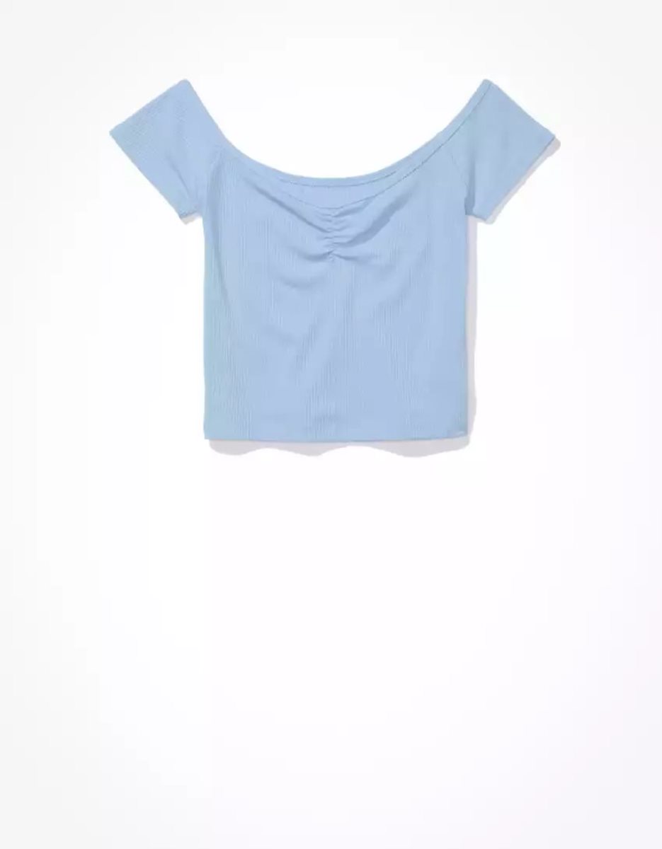 T Shirts American Eagle AE Cinch Off-the-Shoulder Tee Bleu Femme | FEB-99594680